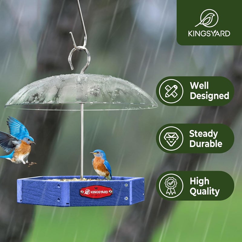 Kingsyard Large Platform Bird Feeder Outdoor Hanging, Adjustable Dome Squirrel Proof Rain Cover, Metal Mesh Tray Recycled Plastic Wild Bird Seed Feeding Station, Blue - Image 2